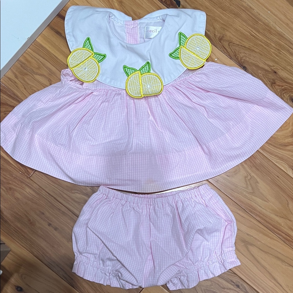 Cecil & Lou Pink and White Gingham Lemon Appliqué Dress Set, Baby Girl 6 mo